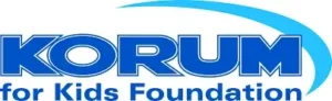 KORUM for Kids Foundation logo. Blue text with a curved blue swoosh above.